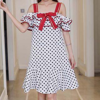 Dotted Off-shoulder Short-sleeve A-line Dress