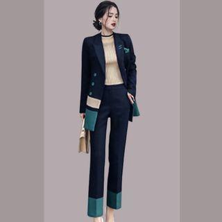 Set: Color Block Blazer + Cropped Straight Leg Pants