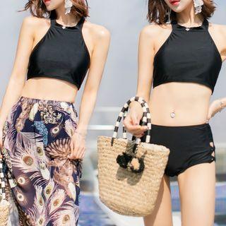 Set: Plain Tankini + Floral Print Cover-up
