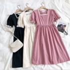 Plain Square-neck Lace-trim Short-sleeve Dress
