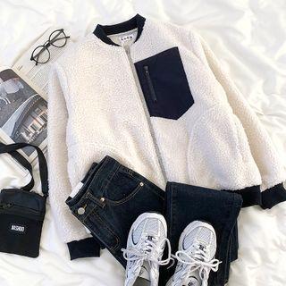 Two Tone Fleece Zipped Jacket White & Black - One Size