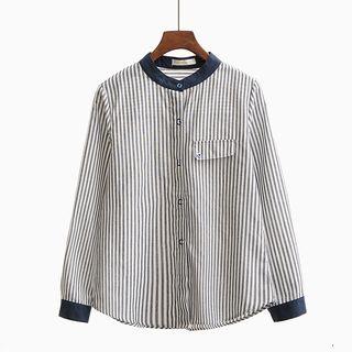 Mandarin Collar Striped Long-sleeve Shirt