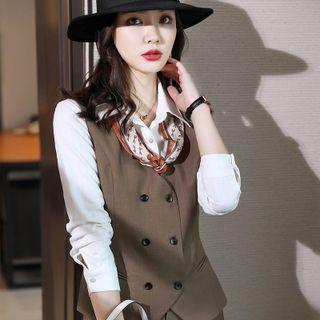Set: Plain Blazer + Dress Pants + Double-breasted Vest