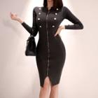 Long-sleeve Knit Sheath Dress Black - One Size