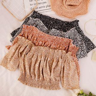 Floral Frilled Off-shoulder Short-sleeve Chiffon Blouse