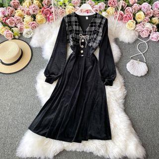 V-neck Velvet Flare Long-sleeve Dress