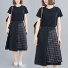 Set : Plain Short-sleeve T Shirt + Plaid Panel Semi Skirt