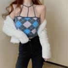 Halter Argyle Knit Camisole Top Argyle - Pink & Blue & Gray - One Size