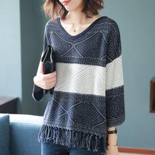 Geometry Two-tone Fringed Sweater As Shown In Figure - One Size