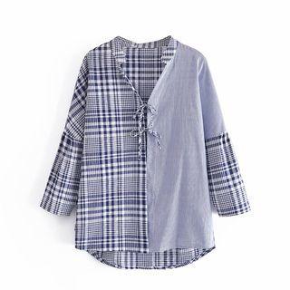 Long-sleeve Plaid Tie-front Blouse