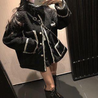 Faux Shearling Embroidered Trim Buttoned Jacket