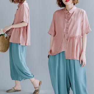 Elbow-sleeve Frill Trim Asymmetric Shirt