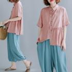 Elbow-sleeve Frill Trim Asymmetric Shirt
