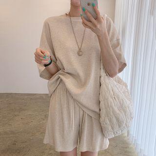 Short Sleeve Plain Knit Top / Drawstring Shorts