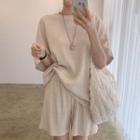 Short Sleeve Plain Knit Top / Drawstring Shorts