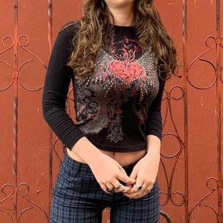 Long-sleeve Heart Print Crop Top