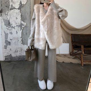 Furry Open-front Vest/ V-neck Sweater/ Wide-leg Cropped Pants