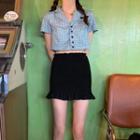Plaid Short-sleeve Cropped Shirt / Ruffle Trim Mini Pencil Skirt