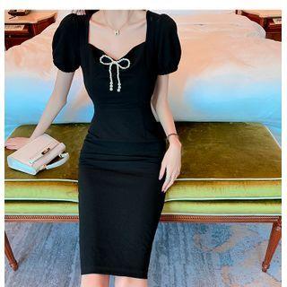 Faux Pearl Bow Midi Bodycon Dress
