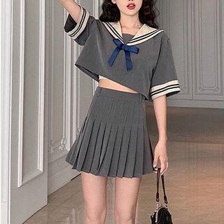 Set: Sailor Collar Short-sleeve Cropped Shirt + Mini Accordion Pleat Skirt