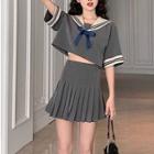 Set: Sailor Collar Short-sleeve Cropped Shirt + Mini Accordion Pleat Skirt