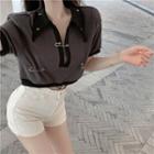 Short-sleeve Pin Accent Cropped Top Gray - One Size