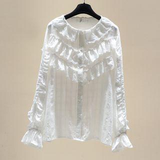 Long-sleeve Ruffle Crochet Lace Blouse White - One Size