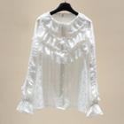 Long-sleeve Ruffle Crochet Lace Blouse White - One Size