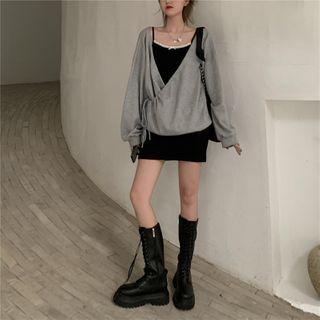 Long-sleeve V-neck Sweatshirt / Spaghetti Strap Mini Dress
