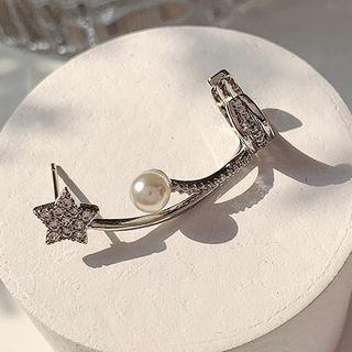 Star Rhinestone Faux Pearl Alloy Cuff Earring 1 Pc - Leaf Ear - Silver - One Size