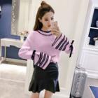 Set: Contrast Trim Sweater + Faux-leather A-line Skirt