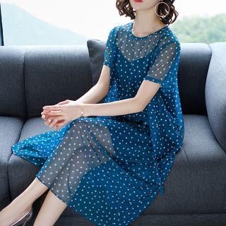 Set: Short-sleeve Dotted Sheer Chiffon Dress + Slipdress
