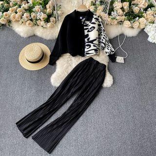 Set: Two-tone Shirt + Wide Leg Pants Set Of 2 - Shirt & Pants - Black - One Size