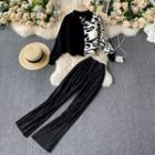 Set: Two-tone Shirt + Wide Leg Pants Set Of 2 - Shirt & Pants - Black - One Size