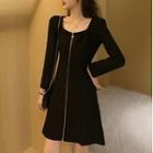 Long-sleeve Square Neck Zip-up A-line Dress