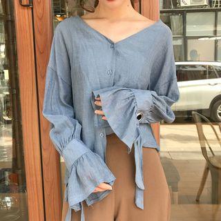 Bow Long-sleeve V-neck Blouse