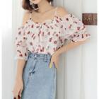 Elbow-sleeve Cold Shoulder Patterned Ruffled Chiffon Top