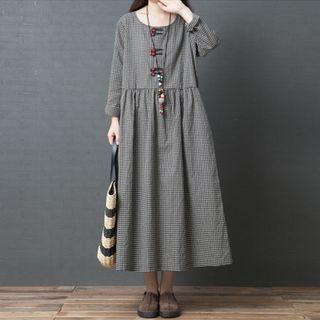 Plaid Long-sleeve Maxi A-line Dress