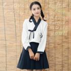 Crane Embroidered Long-sleeve Hanfu Top / High Waist Pleated Skirt / Set