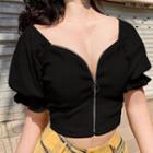 Puff-sleeve Zipped Cropped Blouse