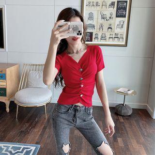 Short-sleeve V-neck Embellished Knit Top