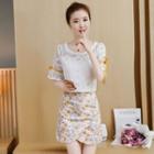 Set: Elbow-sleeve Lace Top + Floral A-line Skirt