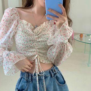 Bell-sleeve Ruffle-trim Drawstring Chiffon Top