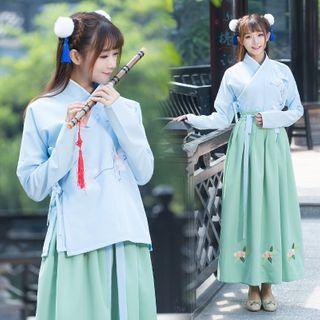 Flower Embroidered Hanfu Blouse / Maxi A-line Skirt / Set