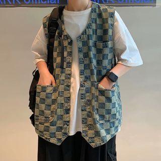 Checker Print Denim Vest