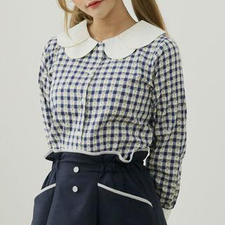 Petal-collar Floral Check Blouse