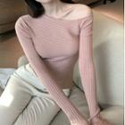 Long-sleeve Off-shoulder Plain Ribbed Knit Top Pink - One Size