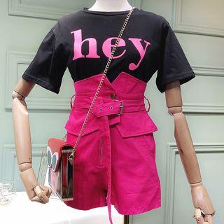 Set: Lettering Short Sleeve T-shirt + High Waist Shorts
