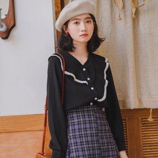 Lace Trim Ruffled Blouse Black - One Size