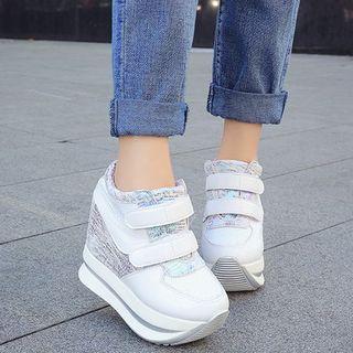 Platform Wedge Shimmer Panel Velcro Sneakers